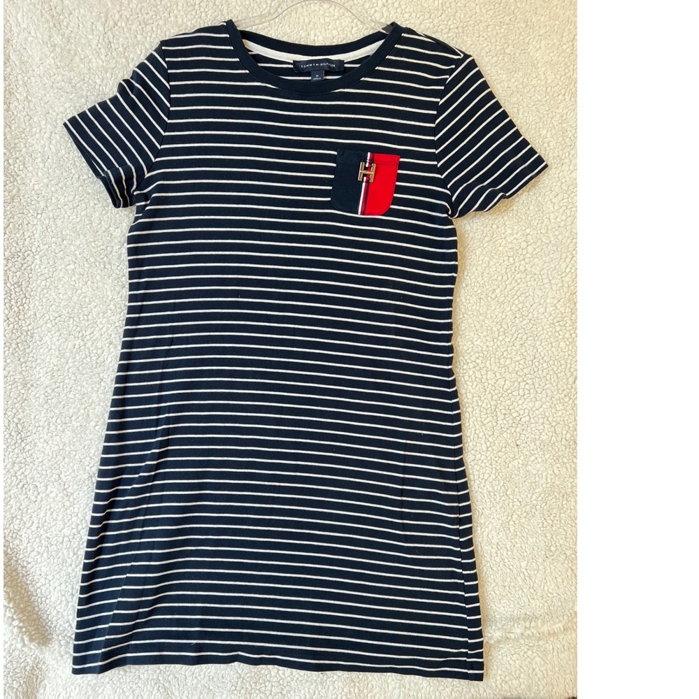 Tommy Hilfiger Navy White Striped T-Shirt Dress Pocket Logo Medium TDTA TK099